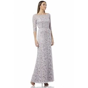 NEW JS COLLECTIONS Dusty Lavender Purple Lace 3/4 Sleeve Boatneck A-Line Gown 10